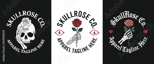Skullrose Co skeleton hand holding rose gothic vintage emblem logo streetwear tattoo style t shirt design illustration