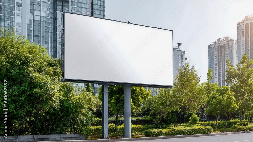 Fototapeta premium Blank Billboard Mockup on City Street with Modern Buildings and Greenery for Advertising Campaign