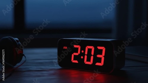 Midnight Reverie: Headphones and Time Display on Tranquil Night at two past three