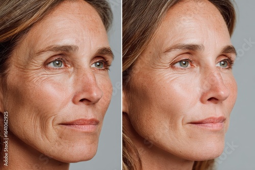 Before and after botox treatment showing reduction in wrinkles on mature woman's face