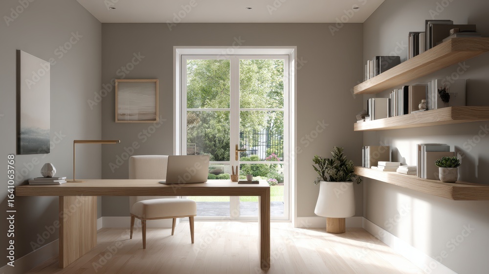 Fototapeta premium Modern Minimalist Home Office with Garden View
