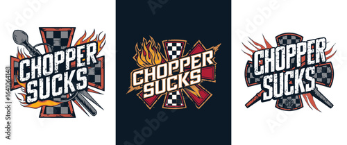 Vintage grunge motorcycle emblem with flaming Maltese cross and bold chopper sucks lettering for biker t shirt design