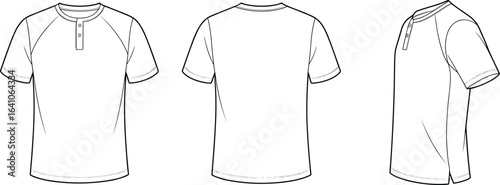 Flat vector illustration of men’s short sleeve Henley t-shirt, front back side view, blank apparel template, fashion design