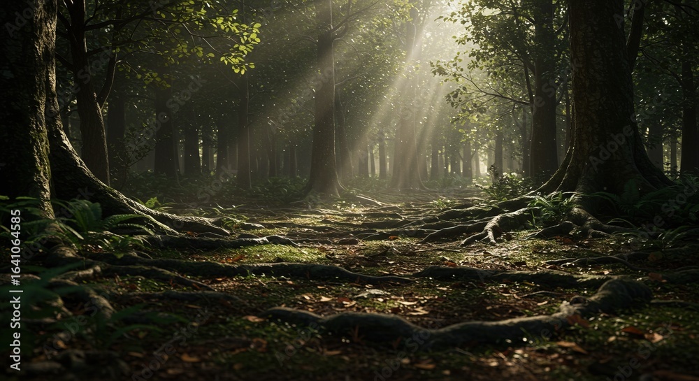 Fototapeta premium Sunlight streams through lush forest trees, creating a tranquil and inviting nature scene
