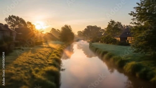 Sunrise Serenity: Foggy River Flowing through Giethoorn Village at Dawn creates a calm scene