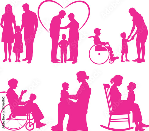 Family, parenting, love, caregiving, grandparents, disability, wheelchair, mother and child, bonding, support, generational connection, silhouette art, pink vector, flat vector illustration