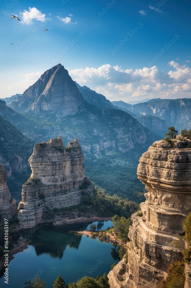 Majestic Mountain Landscape With Serene Lake and Dramatic Rock Formations Majestic Mountain Landscape With Serene Lake and Dramatic Rock Formations