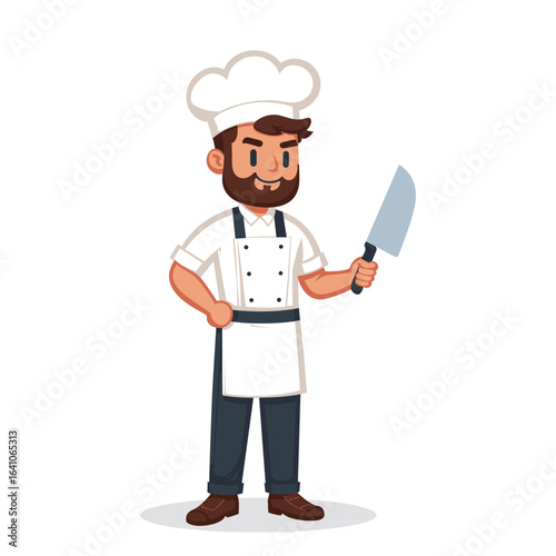 Chef with Knife: A skilled chef, radiating confidence, stands ready with a gleaming knife. His poised stance and culinary attire suggest expertise and a passion for gastronomy.