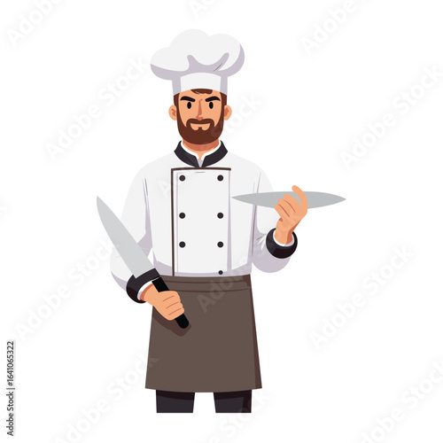Chef with Plate and Knife: A confident chef, clad in pristine whites and a classic toque, holds a gleaming knife and an empty plate.
