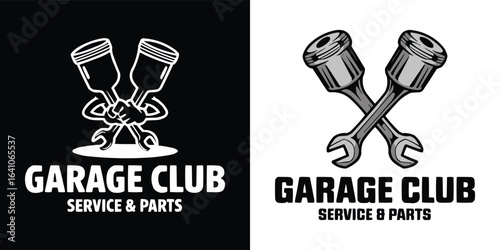 Garage club service and parts logo with crossed pistons and wrenches in monochrome style for automotive repair t shirt design