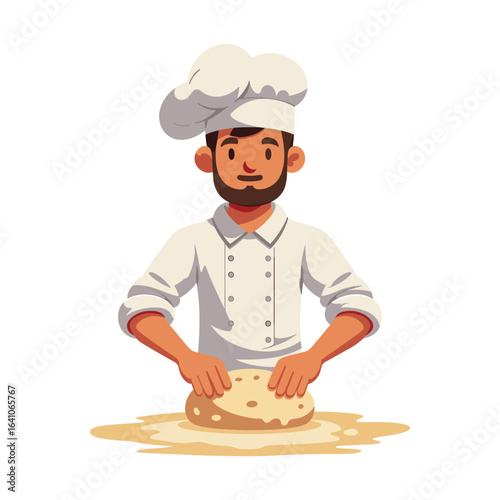 Artisan Baker kneading dough: A skilled artisan baker kneads dough with precision, embodying culinary expertise and traditional craftsmanship in a vector-style illustration, evoking warmth.