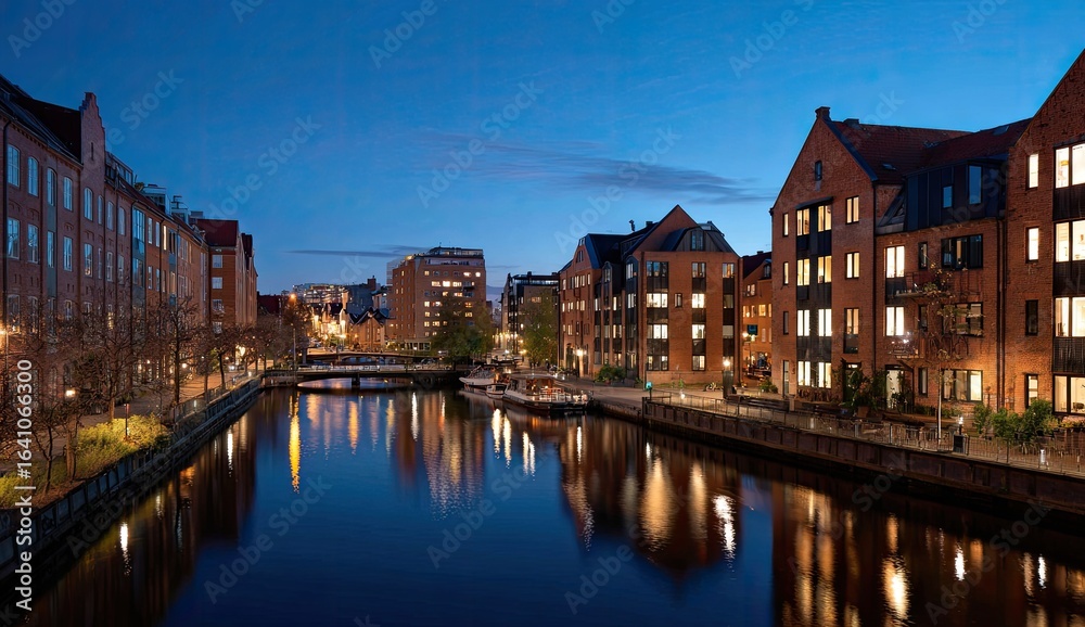 Naklejka premium City canal twilight reflection, buildings, waterfront, cityscape, dusk, urban, real estate, evening, navigation, tourism
