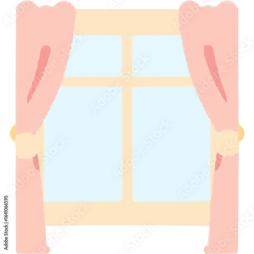 Simple window with pink curtains and light blue view outside  