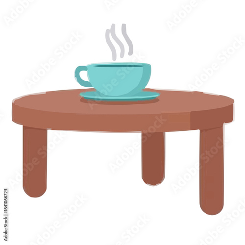 Simple wooden table with a turquoise cup of coffee on top  
