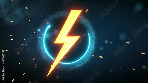 Bold yellow lightning bolt illustration with glowing light and digital circle on dark blue background signifying power, electricity and energy