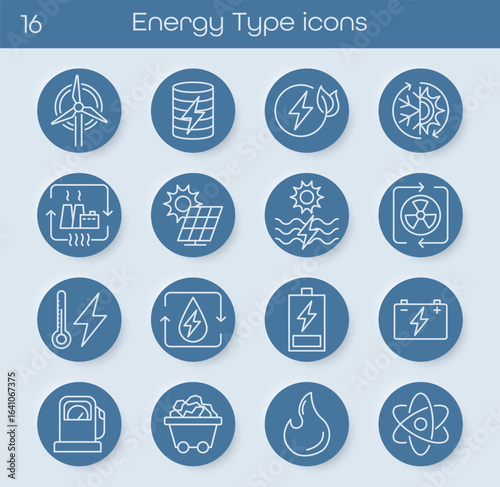 Energy Types of Energy icons collection editable stroke Hydroelectric Solar Electricity Water fire Power Supply, coal mine Vector illustration.