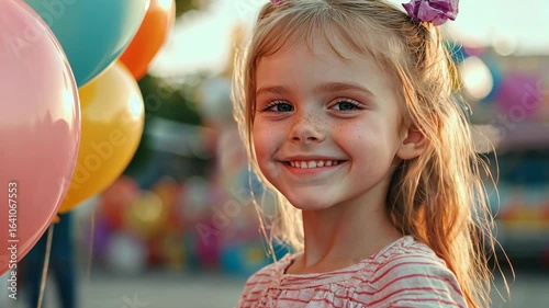 Happy fair-haired girl with balloons looks at the camera. Celebration of childhood, happiness, fun, and carefree playtime outdoors.