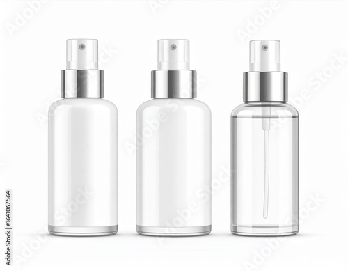 Three Clear Spray Bottles with Silver Accents in a Row on White Backdrop