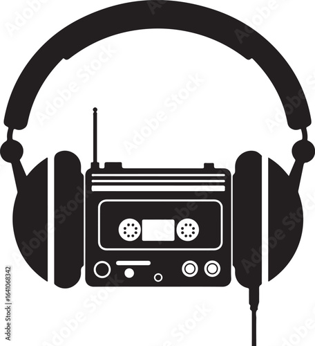Vintage Cassette Player with Headphones – Retro Music Silhouette Vector Art