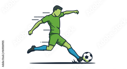 Dynamic soccer player kicking the ball with powerful energy, ready for action and victory