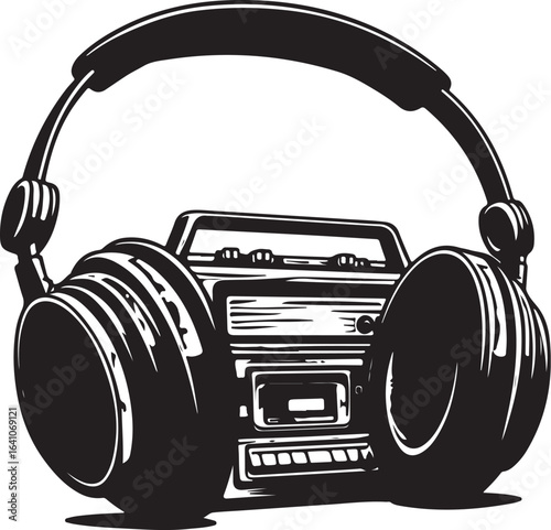 Vintage Cassette Player with Headphones – Retro Music Silhouette Vector Art