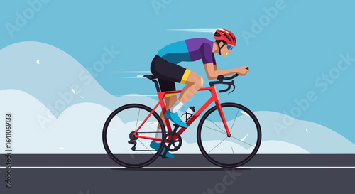 Dynamic cyclist racing on road with vibrant colors, speed and motion, sports concept