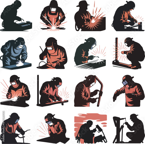 Welding Workers Silhouette Set Industrial Metalwork and Fabrication Vector Illustration
