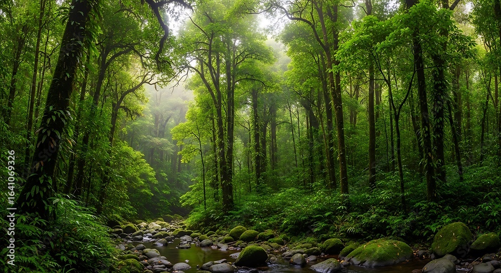 Fototapeta premium Lush Rainforest Landscape Serene Stream & Ancient Trees