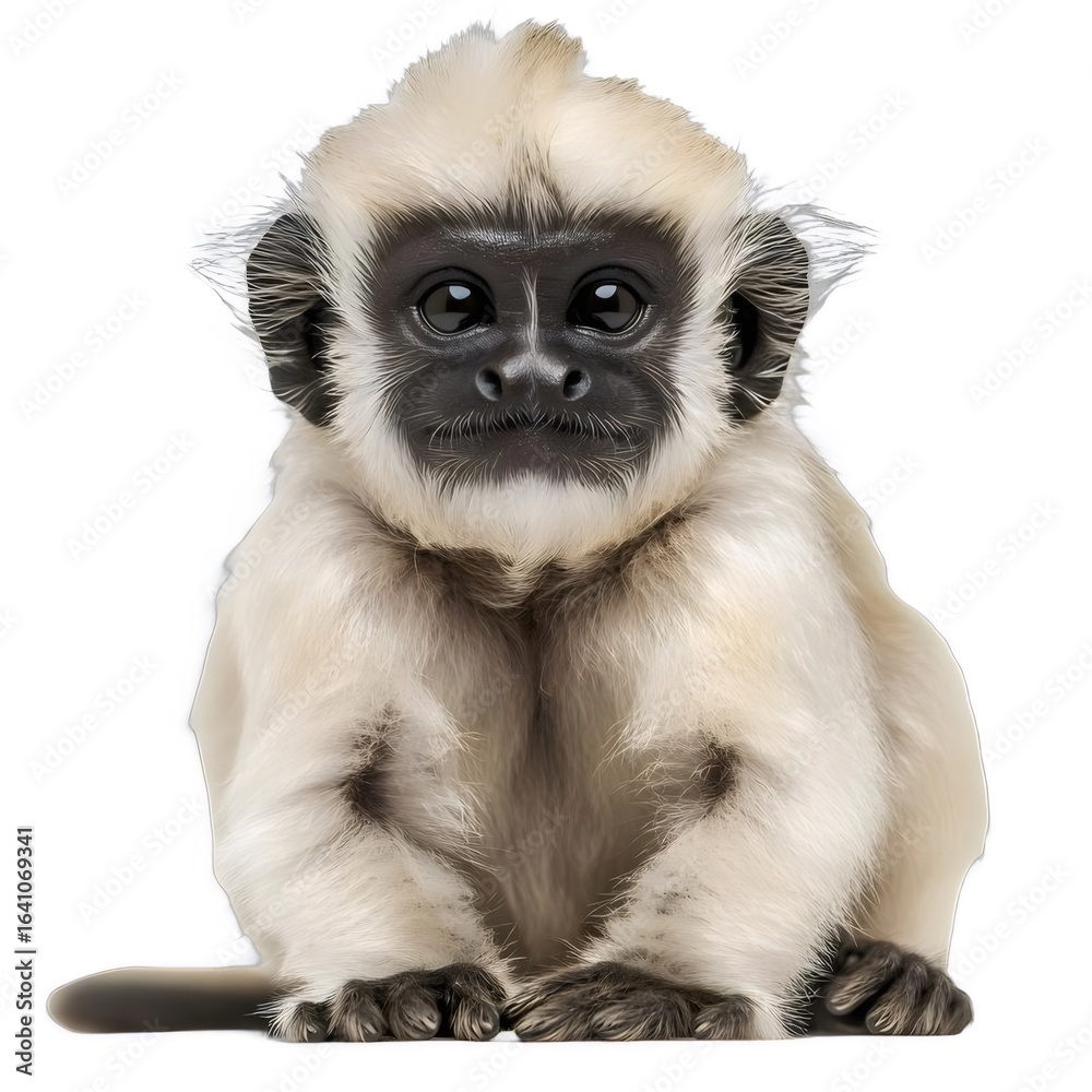 Obraz premium 白背景に座っている愛らしい白い毛皮の猿の赤ちゃんのポートレート
