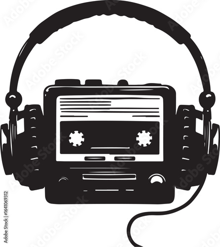 Vintage Cassette Player with Headphones – Retro Music Silhouette Vector Art
