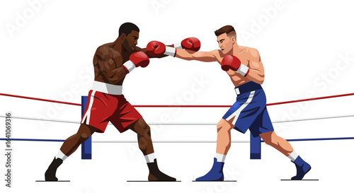 Dynamic boxing match in action, two athletes delivering powerful punches in the ring