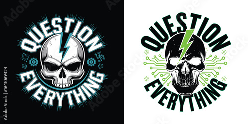 Edgy skull with lightning bolt question everything cyberpunk tech circuit board t shirt design illustration