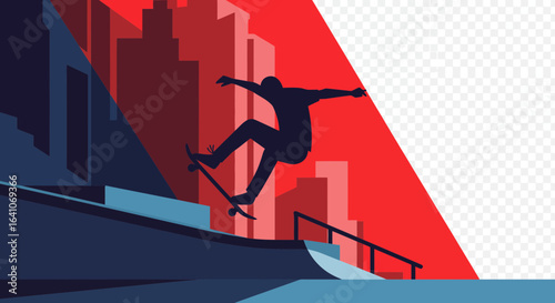 Dynamic skateboarder performing trick against urban cityscape with vibrant red and blue hues
