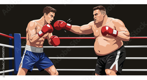 Dynamic boxing match illustration with two muscular fighters in intense competition
