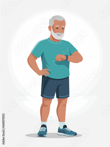 A flat vector illustration of a cheerful senior man checking his smartwatch after a workout
