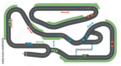A top-down view of a race track with colorful cars navigating the course, showcasing speed.