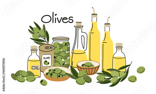 Olive products composition. Oil and canned berries in can, glass bottle on plate, branches with leaves, premium quality, extra virgin, healthy cooking vector cartoon flat style isolated illustration
