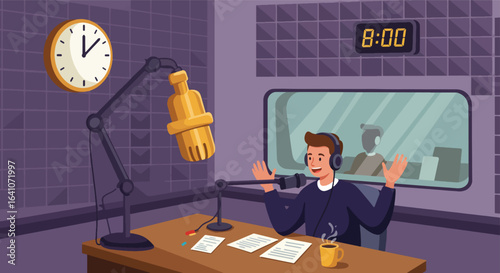 A man in a radio studio recording a broadcast, with a microphone and clock.