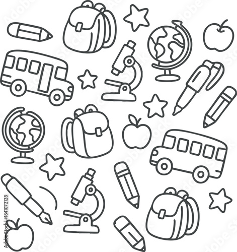 Black and white line art doodle pattern of back-to-school items: school bus, backpack, globe, microscope, pencils, and apples. Ideal for coloring pages, stationery, and educational designs