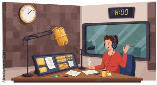 A woman broadcasting live from a radio studio, gesturing with a microphone and headphones on.