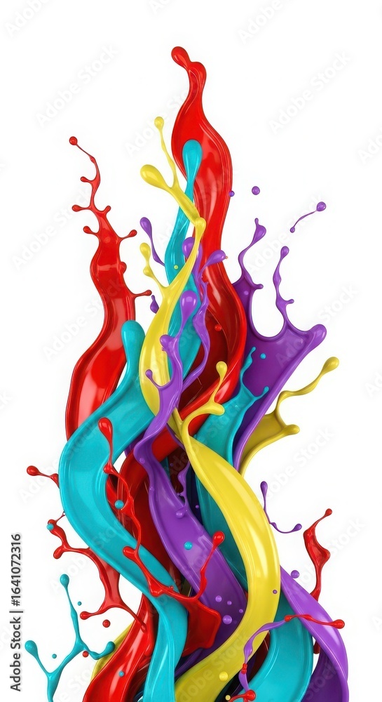 Fototapeta premium Abstract Colorful Paint Splashes Dancing in Harmony on White Background for Creative Design and Artistic Expression