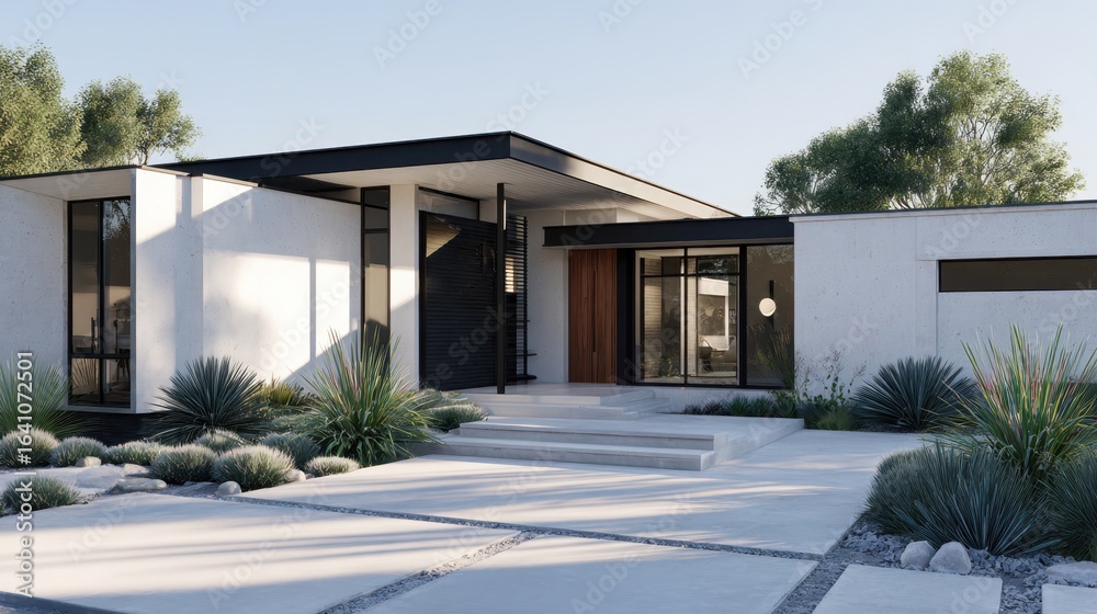 Modern white concrete house exterior with landscaping Modern white concrete house exterior with landscaping