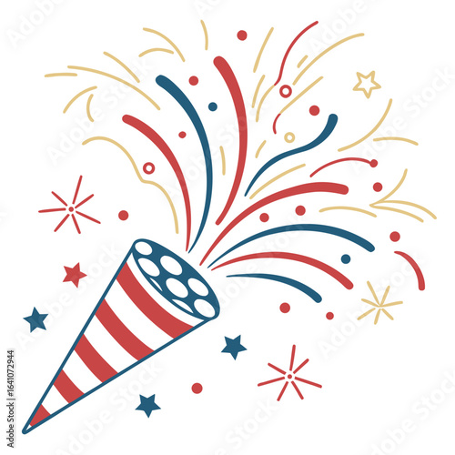 Red white and blue party popper exploding confetti and stars