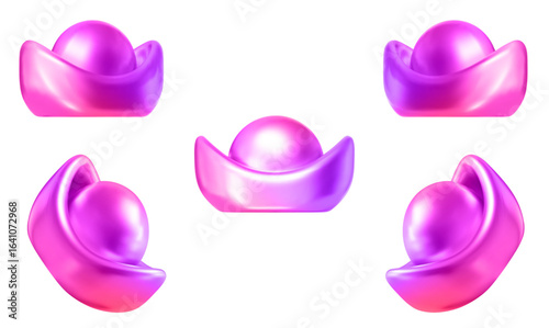 3d set of Chinese neon ingot Yuan Bao. Holographic design element for Chinese New Year. Y2k style. Stock vector illustration on isolated background.
