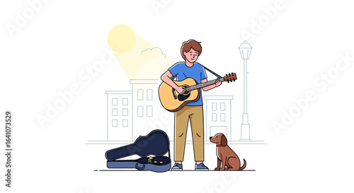 Young man playing acoustic guitar on street with loyal dog and open guitar case