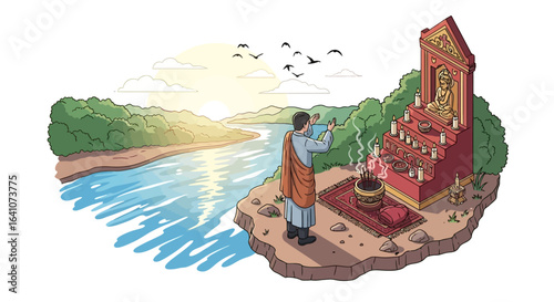 A devout man in traditional robes praying at a riverside shrine with a Buddha statue, lit candles, and smoking incense.