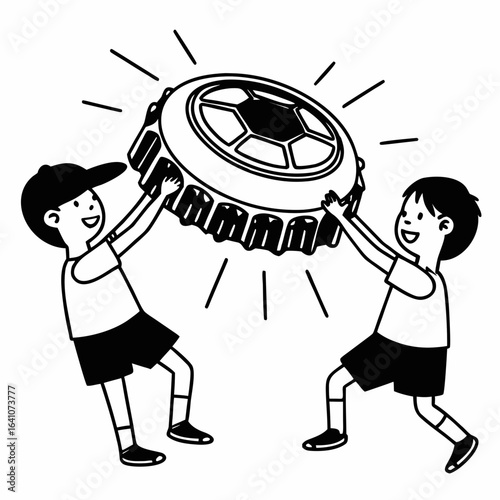 Two boys holding a bottle cap with soccer ball design