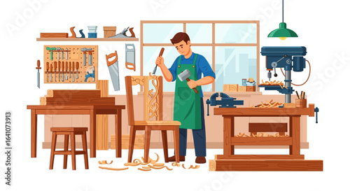 A focused carpenter in a green apron carving an ornate wooden chair with a chisel and mallet in his workshop.