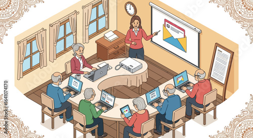A group of elderly students in a computer literacy class learning about email from a female instructor, shown in an isometric illustration.