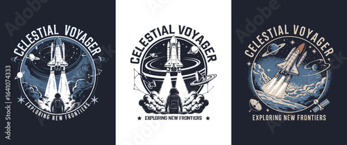 Celestial Voyager space shuttle launch illustration with astronaut and planets for sci fi adventure t shirt design